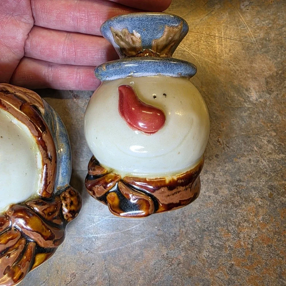St. Nicolas Square Vtg Peace on Earth Snowman Cookie Jar, Plate,  Salt & Pepper
